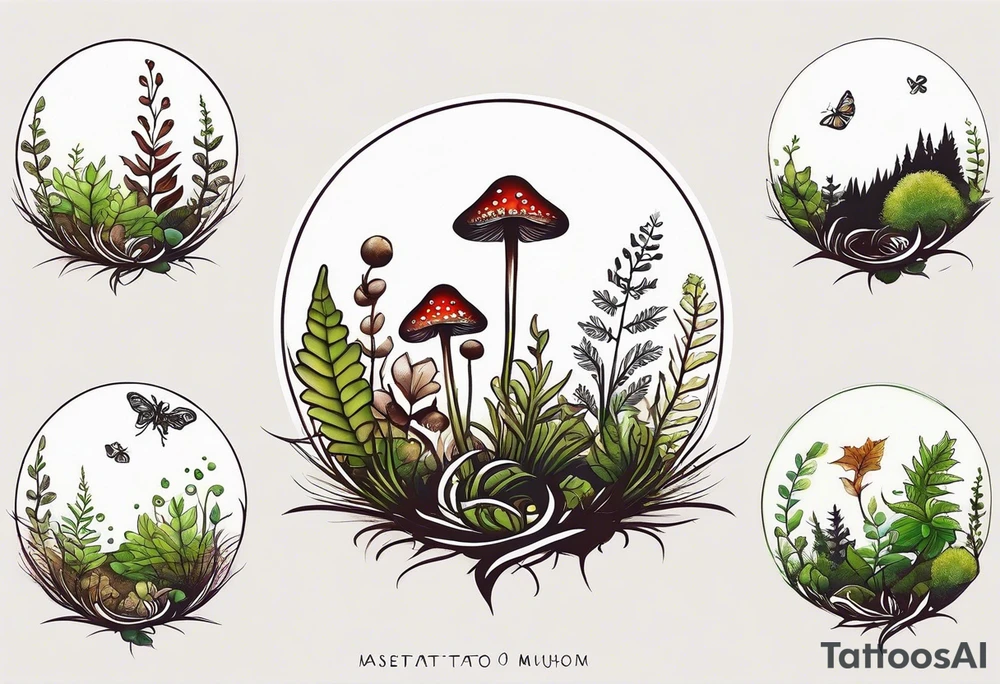 minimalistic forest floor inspired tattoo, which includes grass, moss, curly ferns and dead leaves as the bulk of the tattoo. details to include: forest berries, couple of very small brown mushrooms, a tiny bumblebee flying nearby tattoo idea