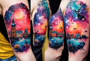 Watercolour arm tattoo of stag deer and birds in Amsterdam canal featuring Amsterdam houses in space and galaxies featuring pineapples and galaxy colours tattoo idea