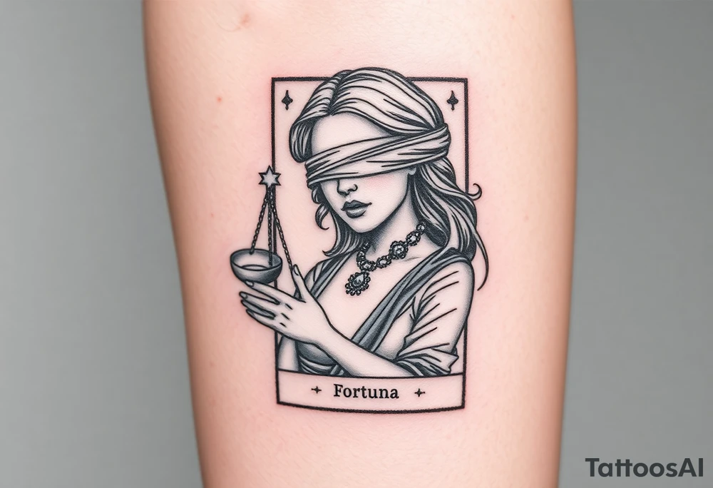 Fortuna's card as a beautiful woman with eyes covered with material, holds a scale in her hands. This character have to be in a card/frame tattoo idea