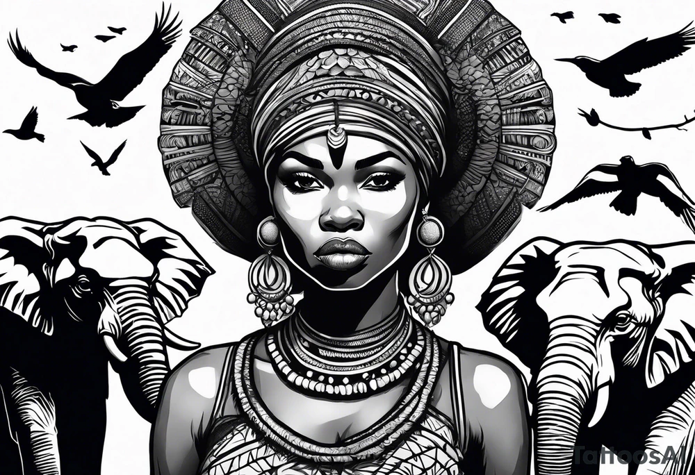 African woman warrior holding a spear with a mean look on her face with birds in the background and elephants tattoo idea