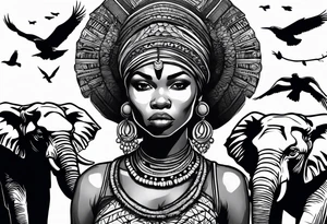 African woman warrior holding a spear with a mean look on her face with birds in the background and elephants tattoo idea