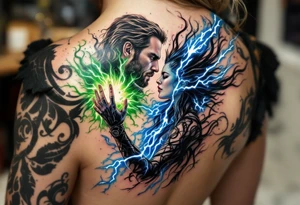 Chris Hemsworth’s Thor epic battle against Hela, green energy clashing with his blue lightning, in a cinematic full-color piece. tattoo idea