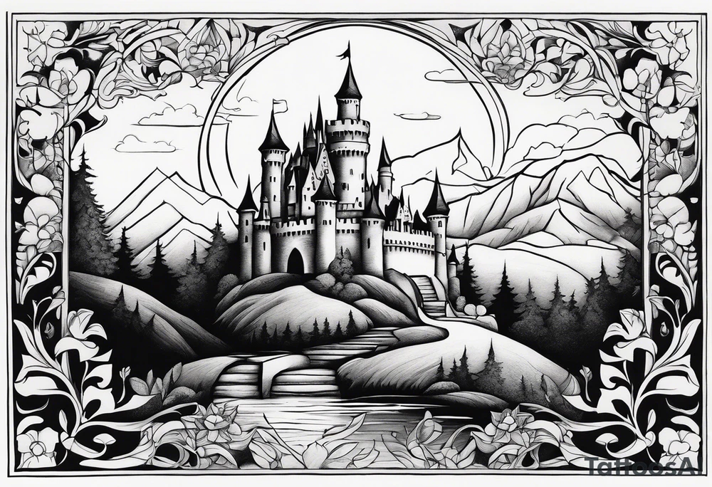 Fairytale castle in landscape, more black, less detailing, engraiving, etching. No shades, no gray, black and white only tattoo idea