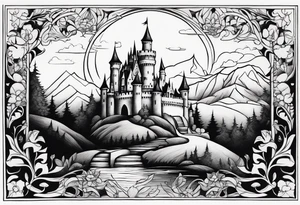 Fairytale castle in landscape, more black, less detailing, engraiving, etching. No shades, no gray, black and white only tattoo idea