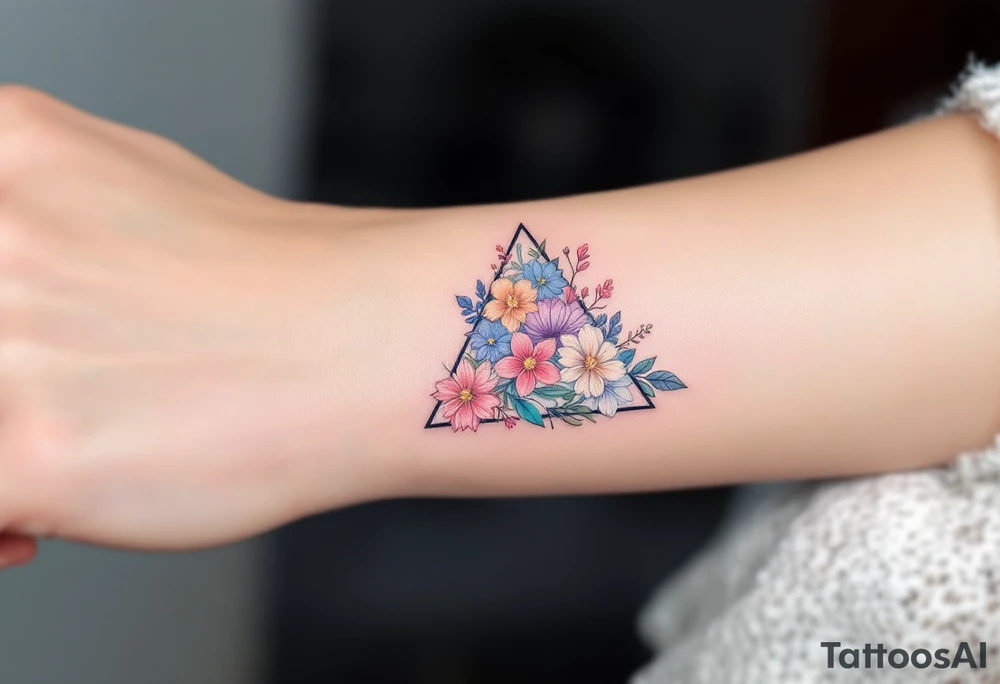 A triangle tattoo filled with flowers in pastel tones, blending geometry and femininity. tattoo idea