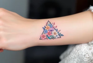 A triangle tattoo filled with flowers in pastel tones, blending geometry and femininity. tattoo idea