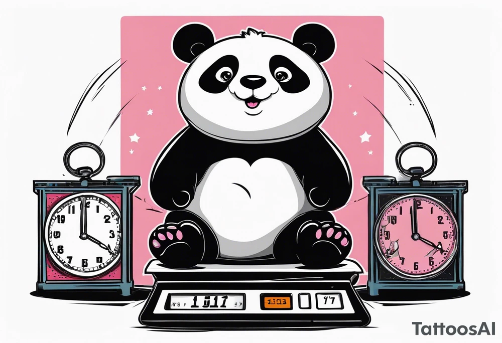panda on a scale displaying 7.11 lbs and a digital clock showing 1:17 tattoo idea