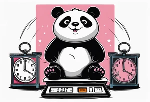 panda on a scale displaying 7.11 lbs and a digital clock showing 1:17 tattoo idea