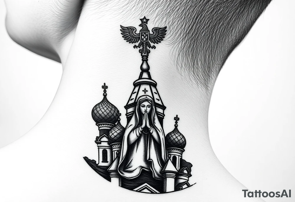 Flowing Scene

A onion domes orthodox church
Virgin Mary in prayer pose wrapping around the lower neck curve
A small double headed russian coat of arms eagle or just the star tucked above the dome near the hairline tattoo idea