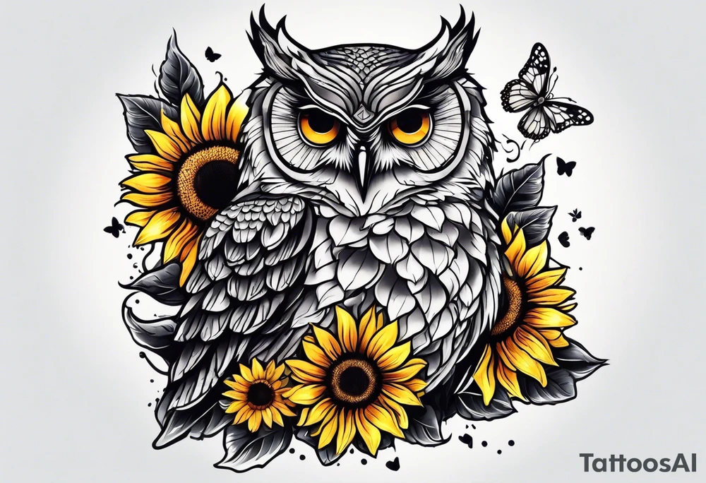 Small owl with sunflowers and butterflies arm sleeve tattoo idea