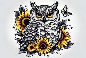 Small owl with sunflowers and butterflies arm sleeve tattoo idea
