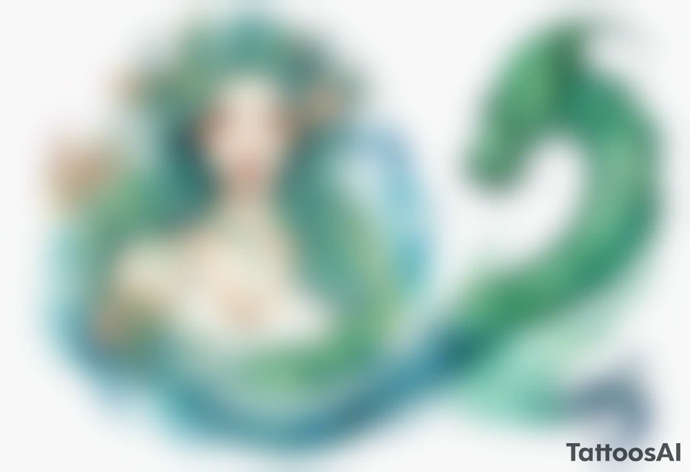 a sea serpent next to a blue-green naiad in a white tunic tattoo idea