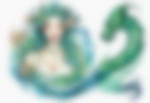 a sea serpent next to a blue-green naiad in a white tunic tattoo idea