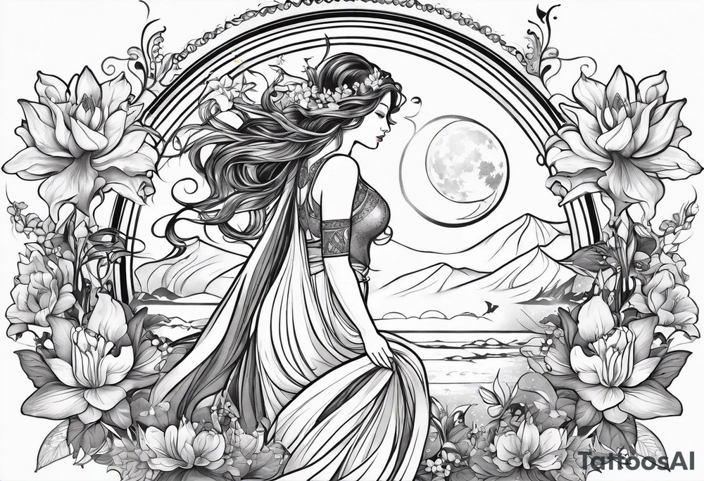 Forward-facing, portrait full length of creation goddess standing upright.  Butterflies. Lillies at feet. Arms raised and hands cupped towards sky. Sun, moon and stars in background tattoo idea