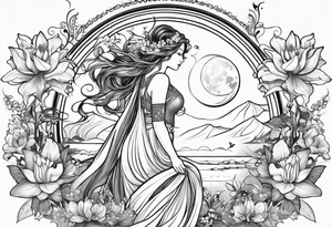 Forward-facing, portrait full length of creation goddess standing upright.  Butterflies. Lillies at feet. Arms raised and hands cupped towards sky. Sun, moon and stars in background tattoo idea