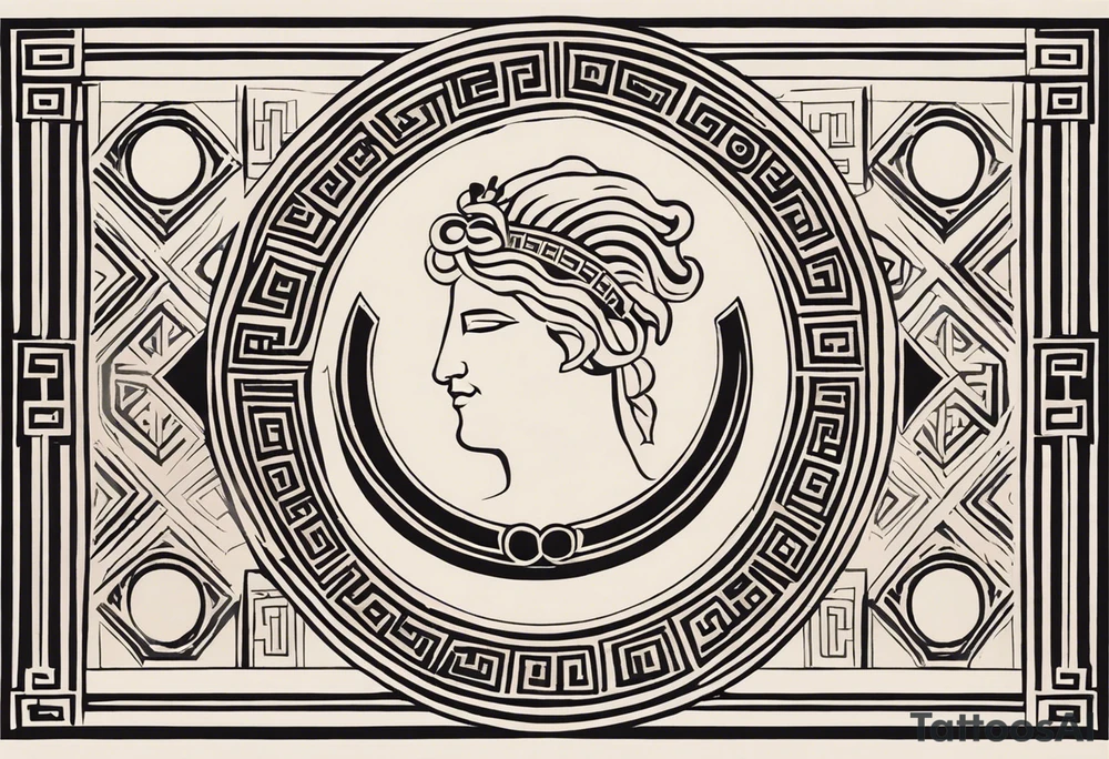 "Craft a minimalist tattoo design in the style of ancient Greek art, featuring Dionysus with his affection for theater. Depict Dionysus in a simplified yet elegant form, reminiscent of classical Greek sculpture, holding a theatrical mask and a goblet of wine. Surround him with subtle geometric patterns or motifs inspired by ancient Greek pottery, such as meanders or key patterns. Ensure the design maintains a minimalist aesthetic while incorporating elements that evoke the sophistication and timelessness of Greek art, capturing Dionysus's connection to both wine and theater in a visually striking manner." tattoo idea