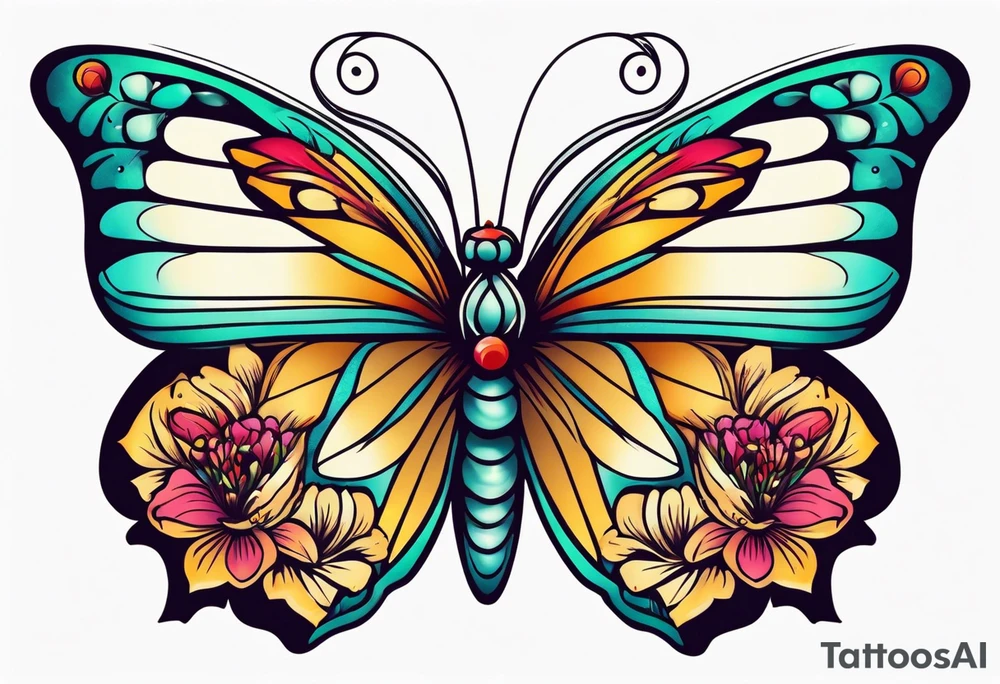 butterfly old school traditional vintage bold colorful with vintage flowers tattoo idea