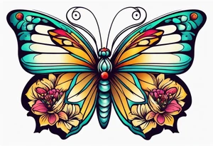 butterfly old school traditional vintage bold colorful with vintage flowers tattoo idea