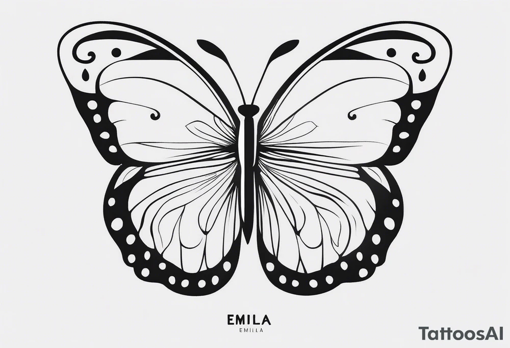 A minimalist butterfly tattoo incorporating the name Emilia in a subtle way tattoo idea