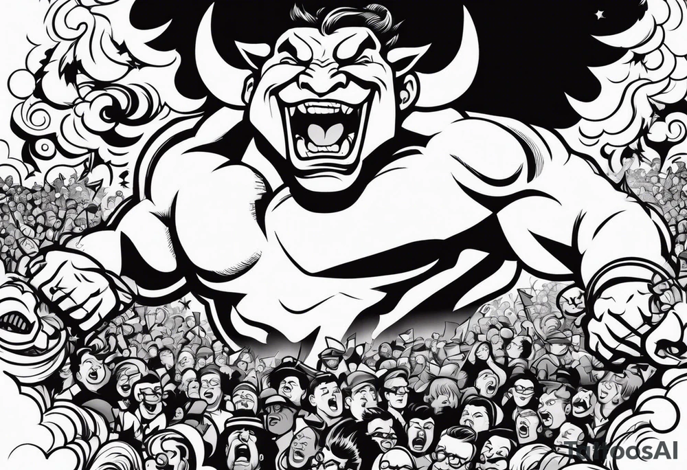 raging bull head busting through crowd tattoo idea