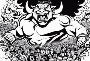 raging bull head busting through crowd tattoo idea