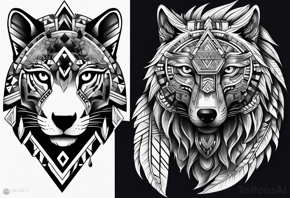 aztec jaguar + wolf sleeve tattoo idea