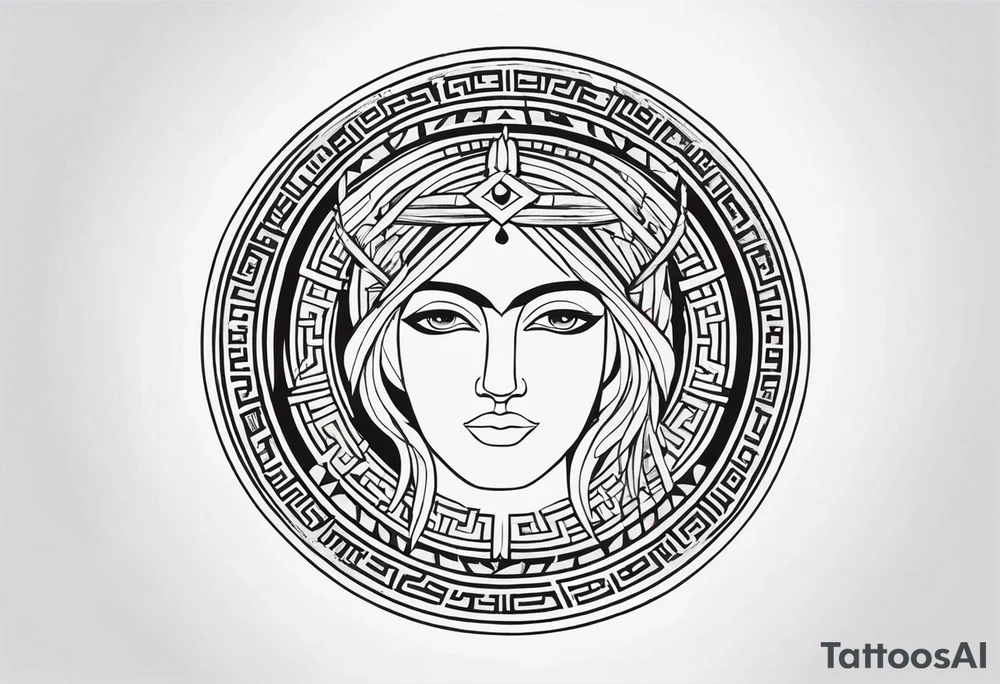 Create a minimalist round tattoo inspired by ancient greek art. In the centre should be a female holding a scroll in one hand and a feather in the other hand. Surround her with geometric patterns based on the ancient greek art style. tattoo idea