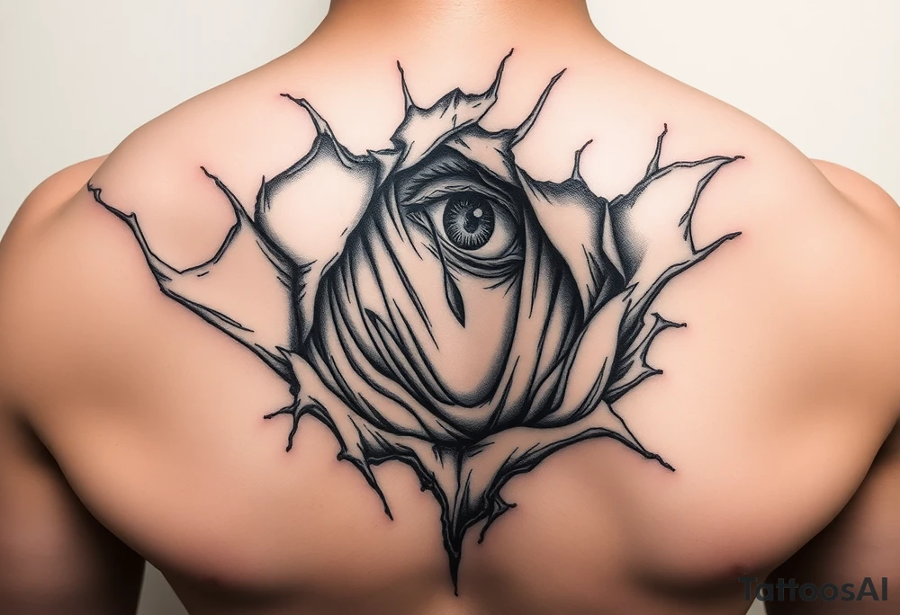Skin torn away from throat exposing the muscles and veins with a haunting eye peering out from the wound tattoo idea
