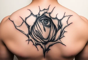 Skin torn away from throat exposing the muscles and veins with a haunting eye peering out from the wound tattoo idea