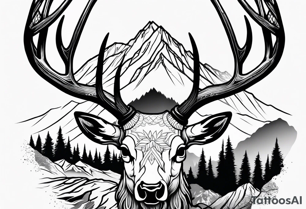 elk skull with mountains and trees tattoo idea