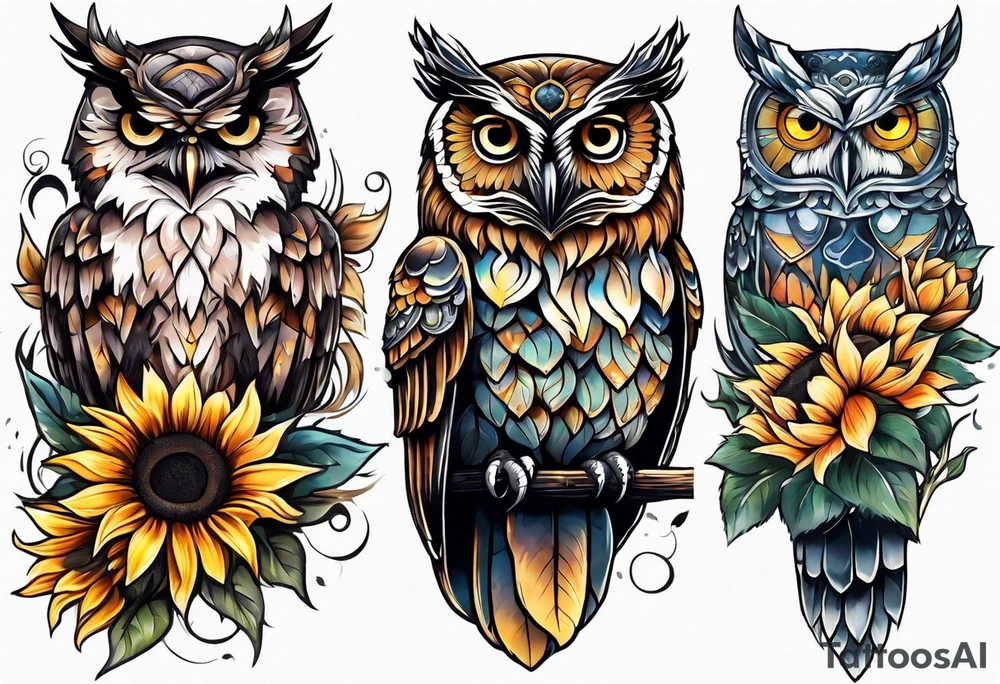 Sleeve with owl, sunflower and butterfly tattoo idea