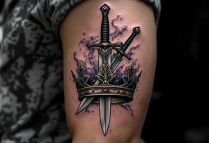 A dagger and scepter crossing over a shared crown, shaded in steel gray and regal purple. tattoo idea