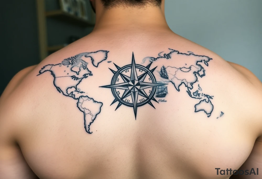 antique compass rose overlaid on weathered world map with sailing ships tattoo idea