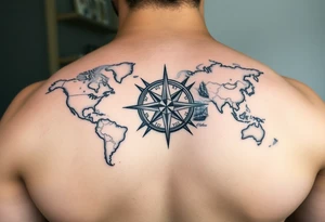 antique compass rose overlaid on weathered world map with sailing ships tattoo idea