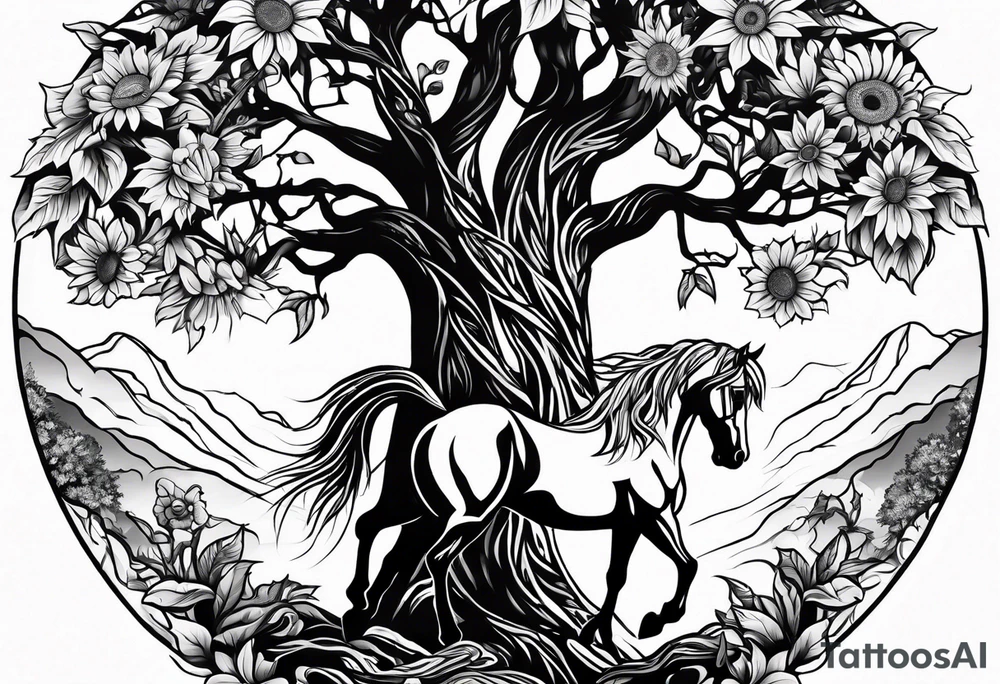 Yggdrasil tree, horse, sunflower tattoo idea