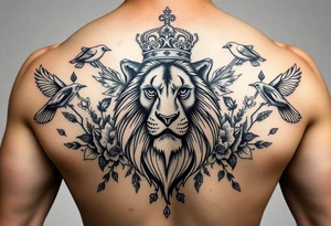 powerful majestic lion with a crown, surrounded by floral ornaments and birds tattoo idea
