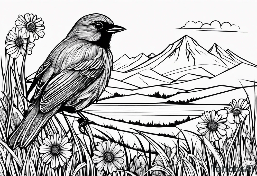 Small bird in field of grass and daisys Mountain View in distance tattoo idea