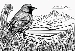 Small bird in field of grass and daisys Mountain View in distance tattoo idea