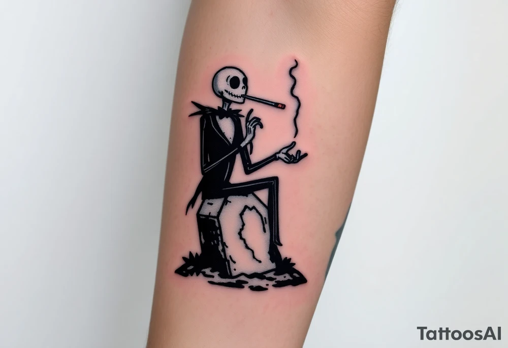 jack skellington sitting on tombstone smoking a blunt, jackolanters, christmas themed tattoo idea