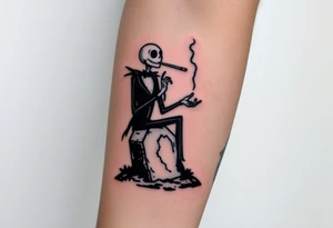 jack skellington sitting on tombstone smoking a blunt, jackolanters, christmas themed tattoo idea