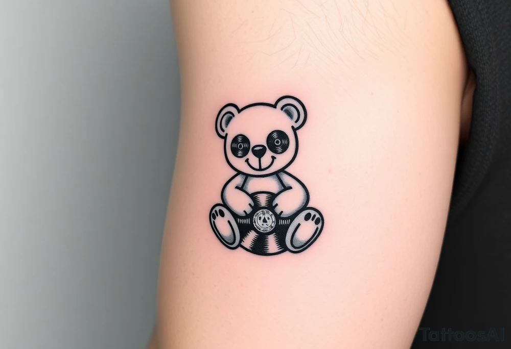 minimalist teddy bear with vinyl records as eyes smiling and sitting on a record tattoo idea