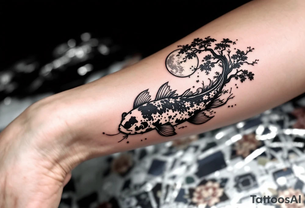 a koi fish swimming upstream in a pond moonlight by the full moon with a sakura tree by the pond tattoo idea