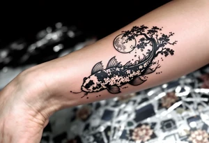 a koi fish swimming upstream in a pond moonlight by the full moon with a sakura tree by the pond tattoo idea