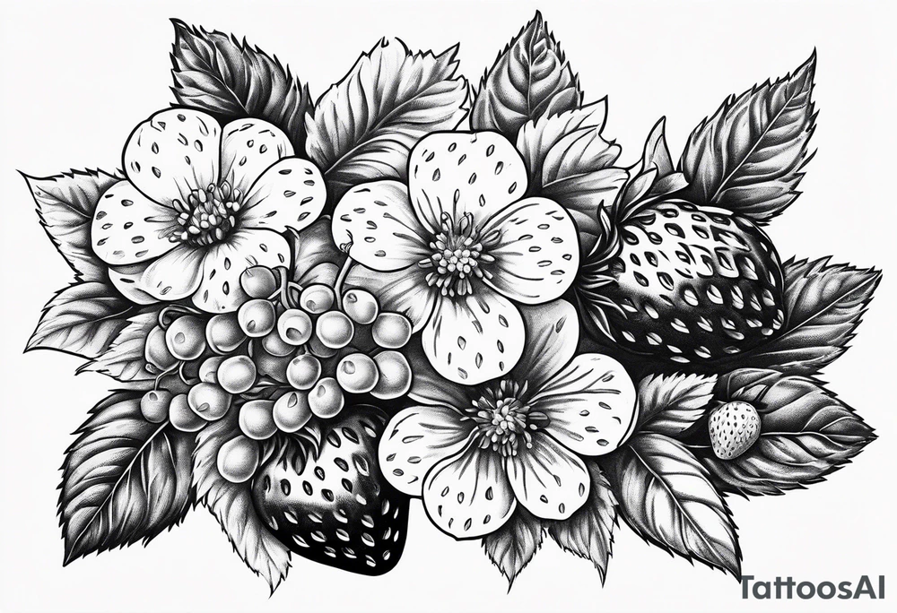 Strawberry, raspberries,  mixed with flowers, 3d tattoo, long leg piece, high detail tattoo idea