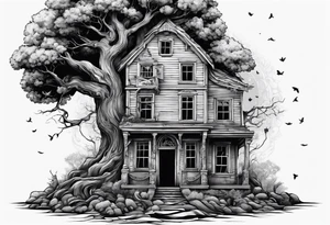 the tree of life growing out of a broken house with baby jesus at its doorsteps tattoo idea