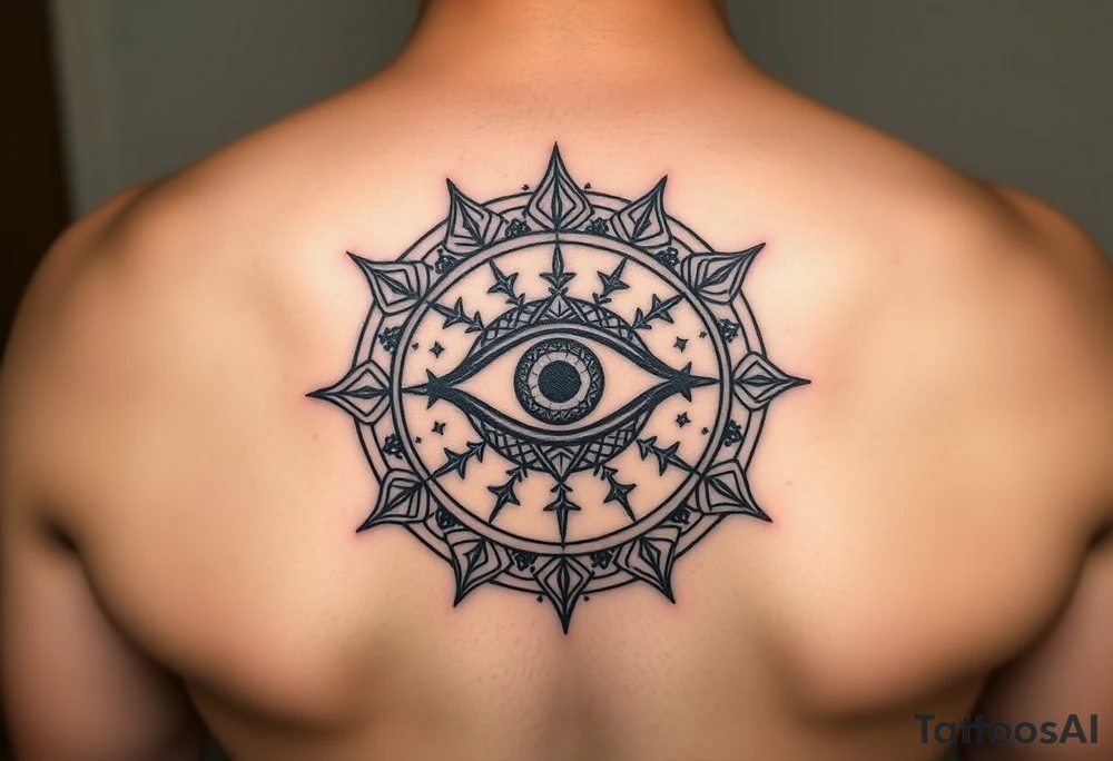 A abundance and protection symbol with an evil eye protection symbol (not an eye) in full color in the center of it.  I’d like it windy very small “so mote it be” with a magic wand  make exactly what I type tattoo idea