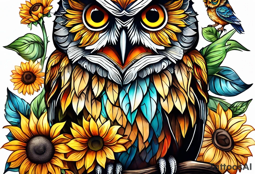 Leg sleeve with colorful sunflowers and an owl tattoo idea