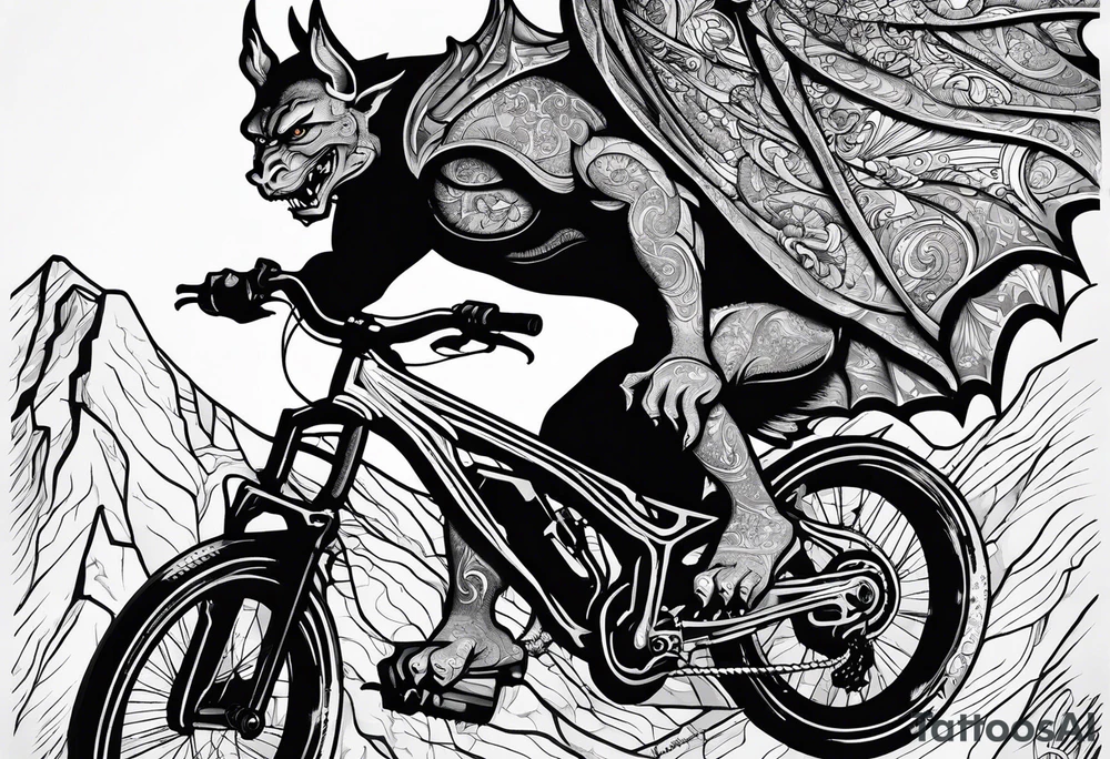 gargoyle riding a full suspension mountain bike with a shadow no background tattoo idea