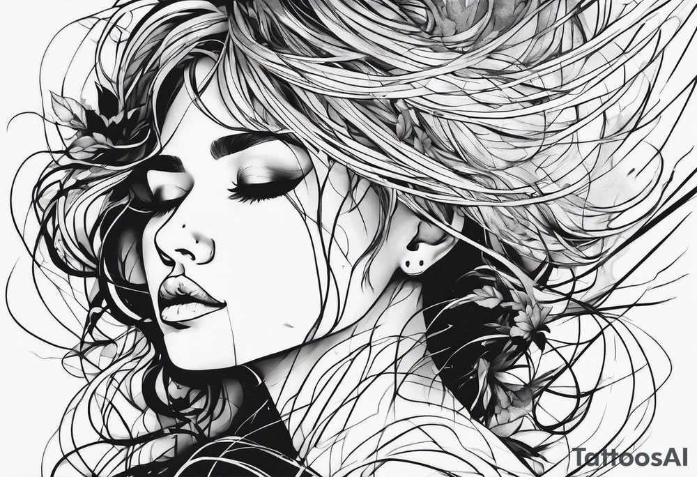 One line tattoo A distraught girl frazzled hair on her knees kind of disintegrating into dirt, screaming  (screams are visualized by lines) that turn into flowers tattoo idea