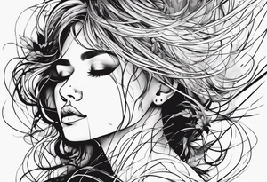 One line tattoo A distraught girl frazzled hair on her knees kind of disintegrating into dirt, screaming  (screams are visualized by lines) that turn into flowers tattoo idea